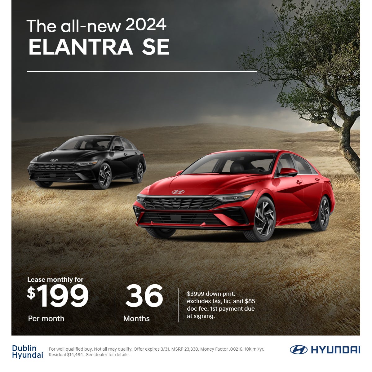 Lease a 2024 Elantra for 199 per month.