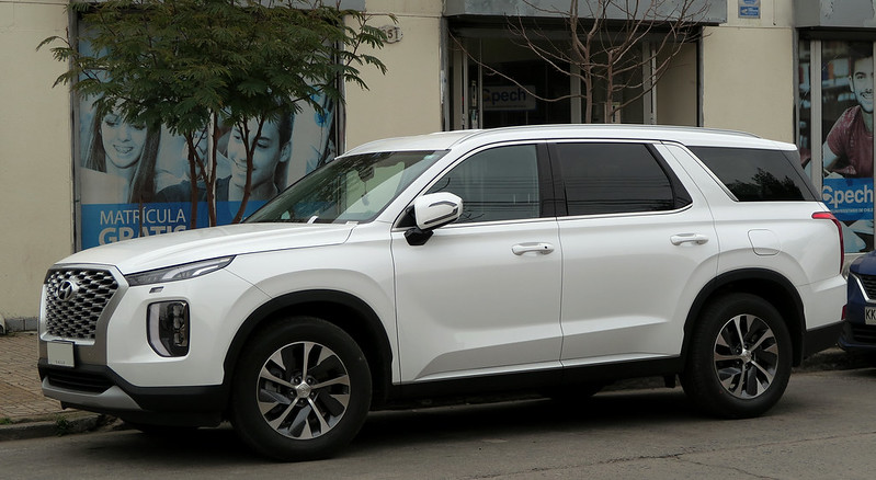 A white Hyundai Palisade parked on the side of the street