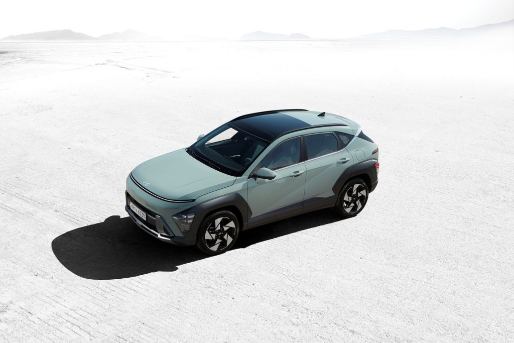 The Hyundai Kona on a white sandy road looking at it from above