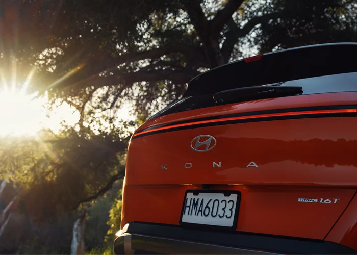 The hood of a red Kona while the sun is setting between the trees