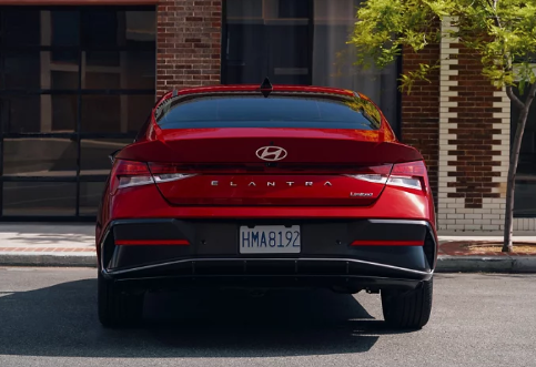 Rear exterior shot of 2024 Hyundai Elantra in red paint near Dublin, CA.